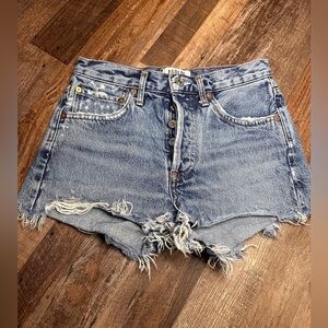 Agolde Distressed Jean Shorts in Light Blue Wash